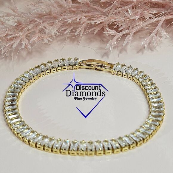 Clear white Baguette Diamond Tennis Bracelet 14K Gold on 925 Sterling Silver - Picture 9 of 10